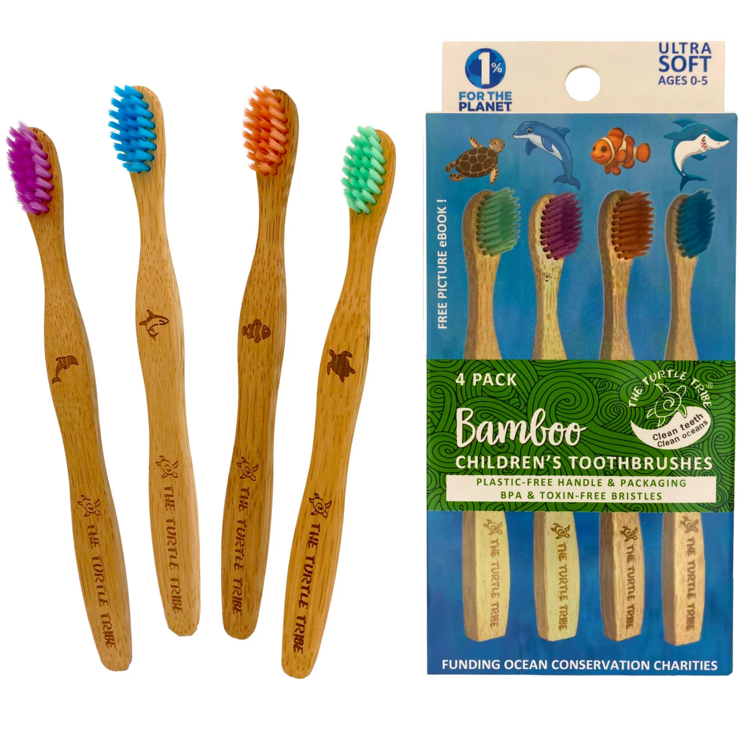Turtle Tribe Kids Bamboo Toothbrushes 4-pack