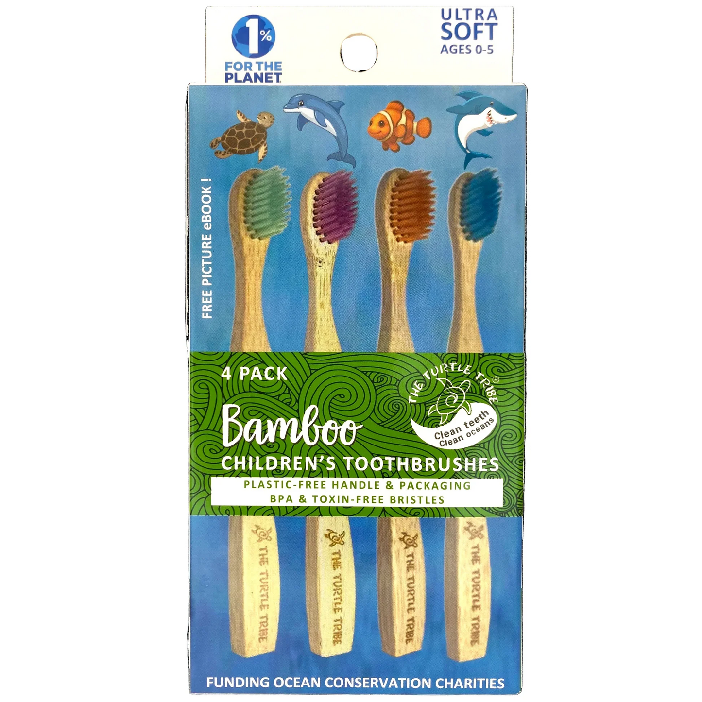 Turtle Tribe Kids Bamboo Toothbrushes 4-pack